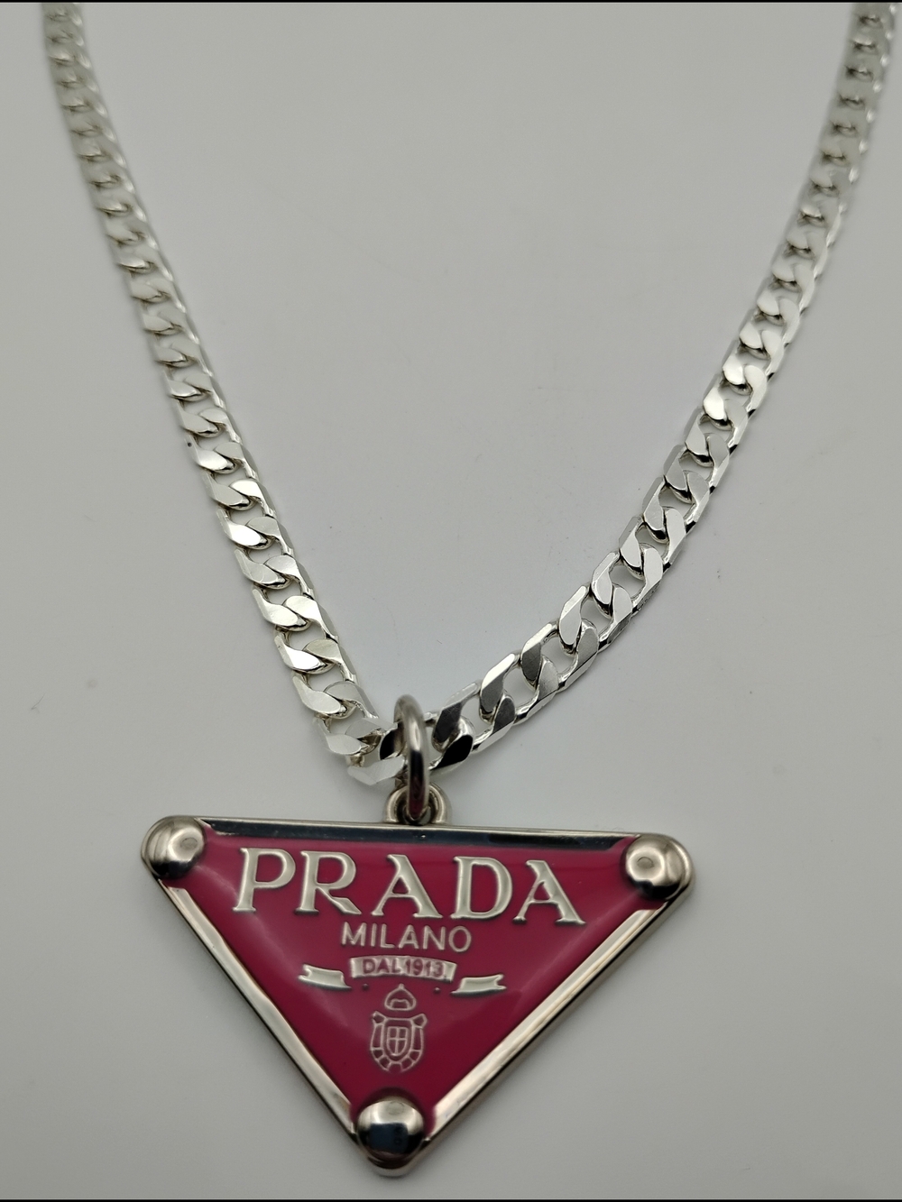 PRADA Milano Fuscia Triangle Logo Pendant On A 925 Sterling Silver Necklace - Picture 8 of 14